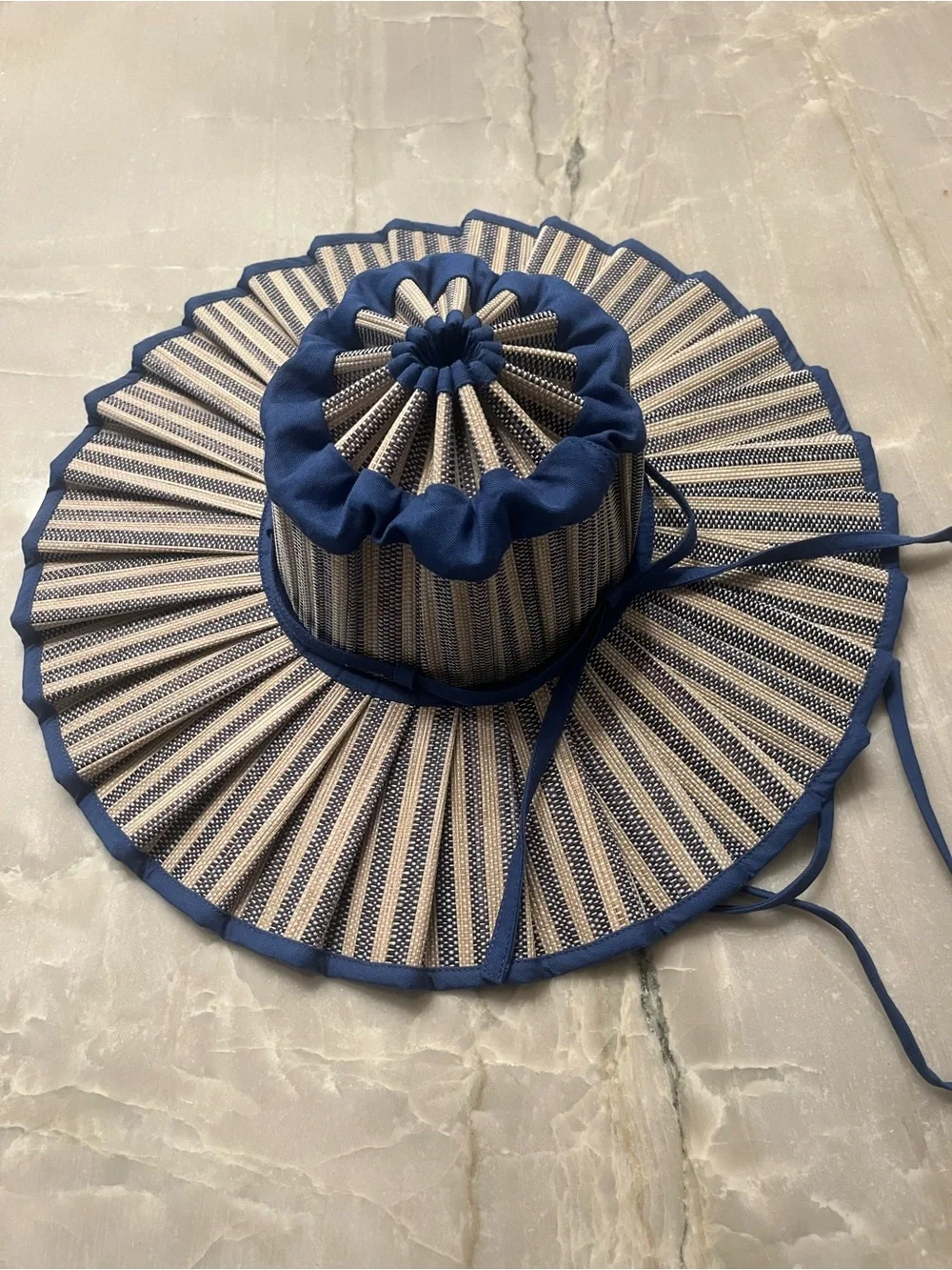 Striped blue and Cream Pleated Wide-Brim Sun Hat Lorna Murray